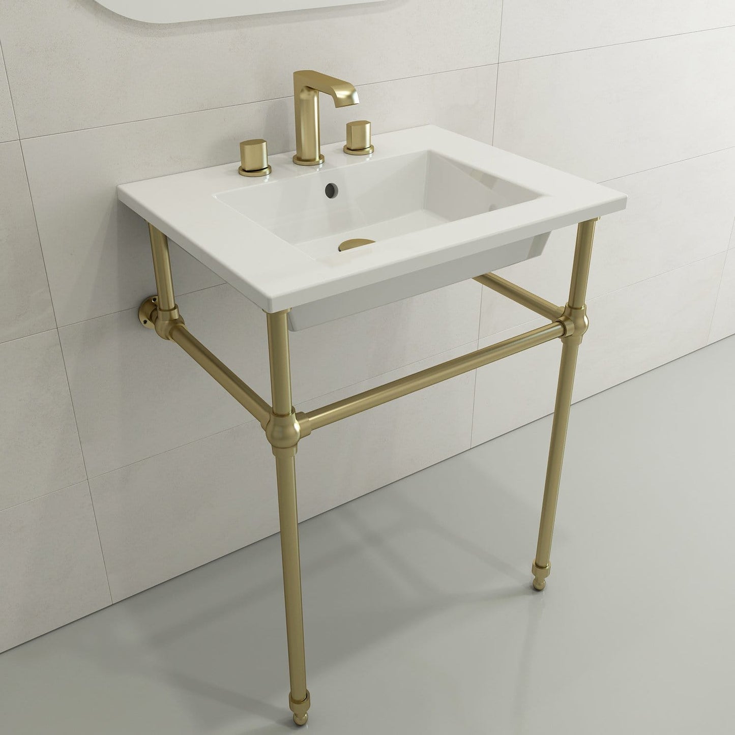 BOCCHI RAVENNA 24.5" Wall-Mounted Sink Fireclay 3-Hole With Overflow featuring a gold faucet and sleek design.