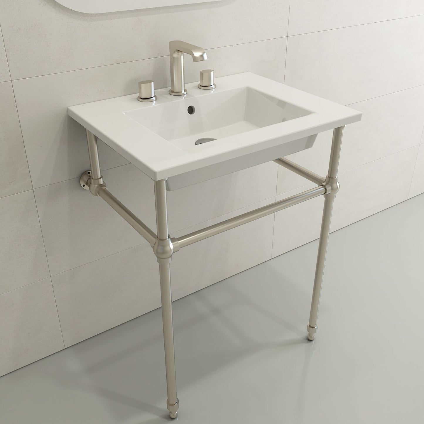 BOCCHI RAVENNA 24.5" Wall-Mounted Sink Fireclay 3-Hole With Overflow on a sleek metal frame.