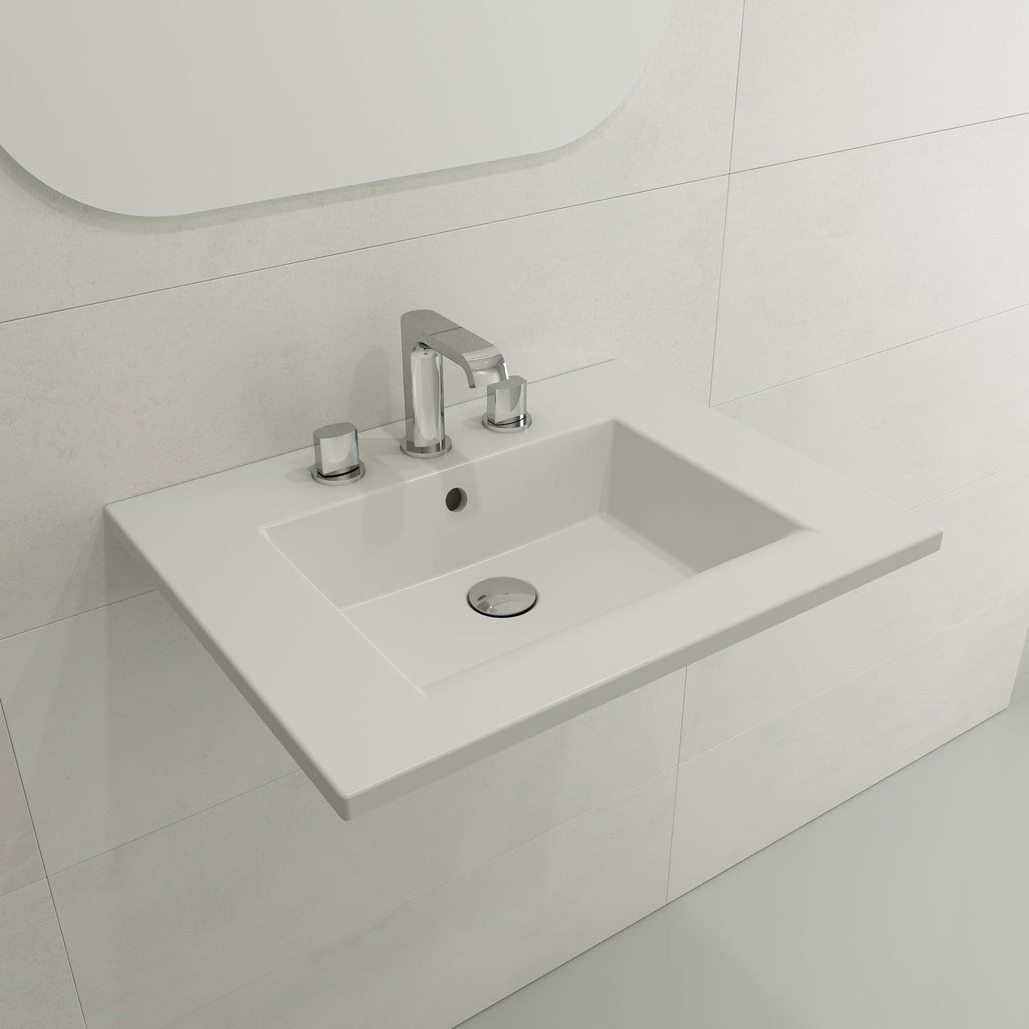 BOCCHI RAVENNA 24.5" Wall-Mounted Sink Fireclay 3-Hole With Overflow in a modern bathroom setting.