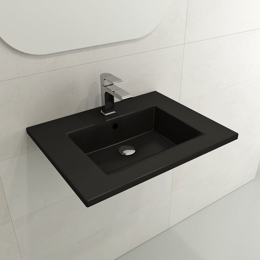 BOCCHI RAVENNA 24.5" Wall-Mounted Sink Fireclay 1-Hole With Overflow in refined black finish.