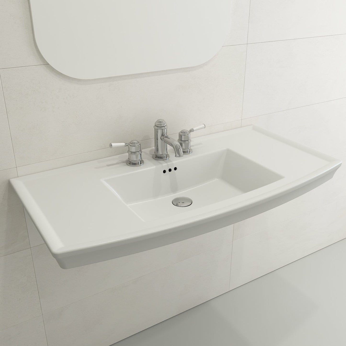BOCCHI LAVITA 40" Wall-Mounted Console Sink Fireclay 3-Hole with Overflow in sleek white finish.