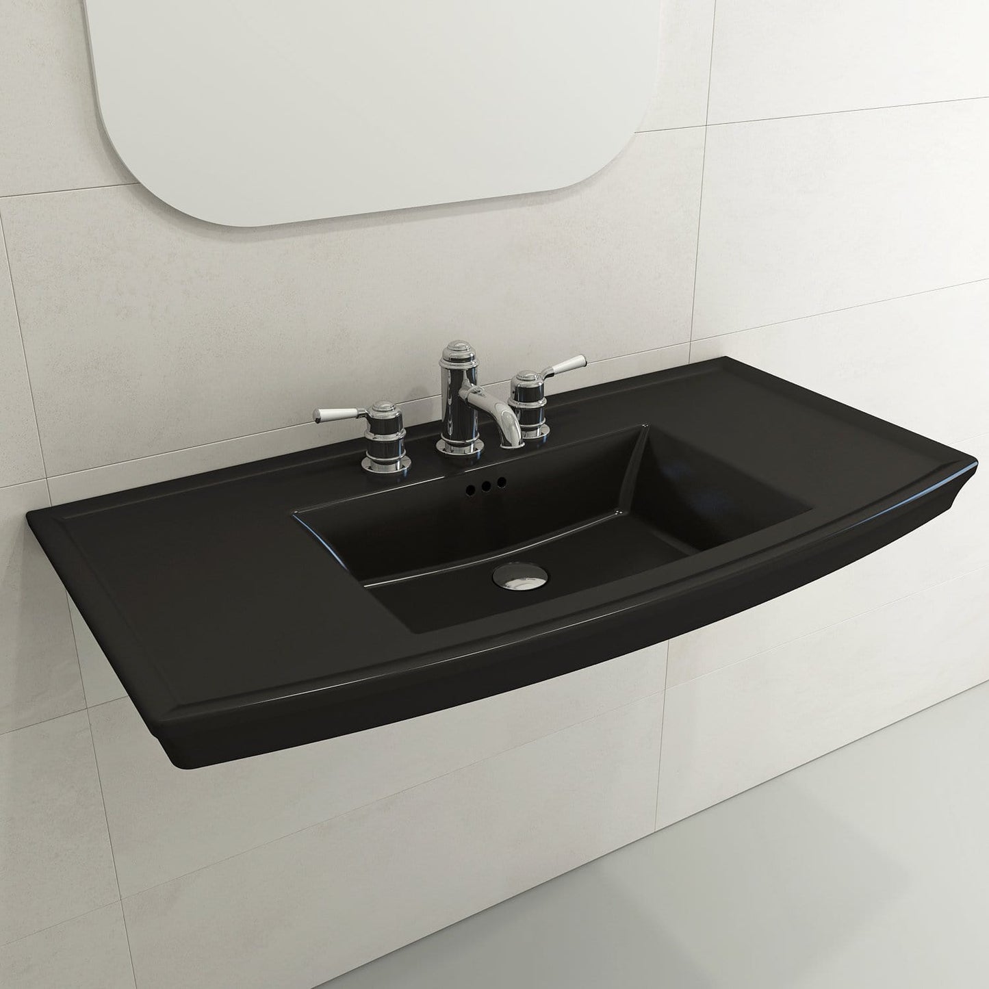 BOCCHI LAVITA 40" Wall-Mounted Console Sink Fireclay 3-Hole with Overflow in sleek black finish.