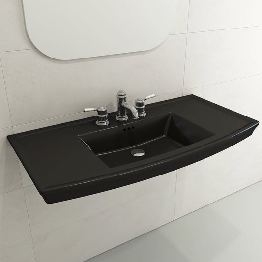 BOCCHI LAVITA 40" Wall-Mounted Console Sink Fireclay 3-Hole with Overflow in sleek black finish.