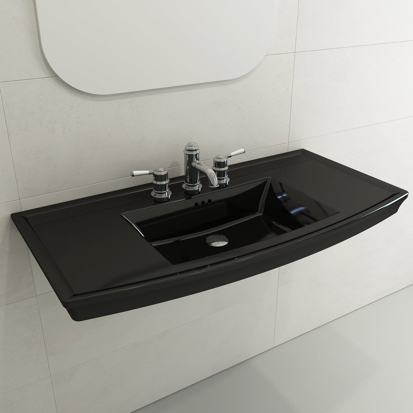 BOCCHI LAVITA 40" Wall-Mounted Console Sink Fireclay 3-Hole with Overflow in sleek black finish.