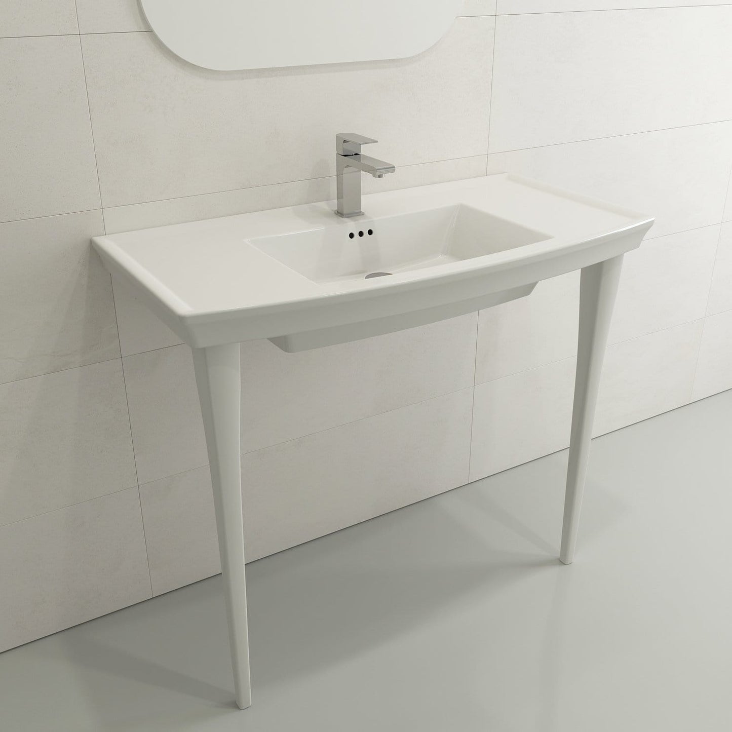 BOCCHI LAVITA 31" Console Leg Set Fireclay with modern sink and faucet in a sleek bathroom setting.