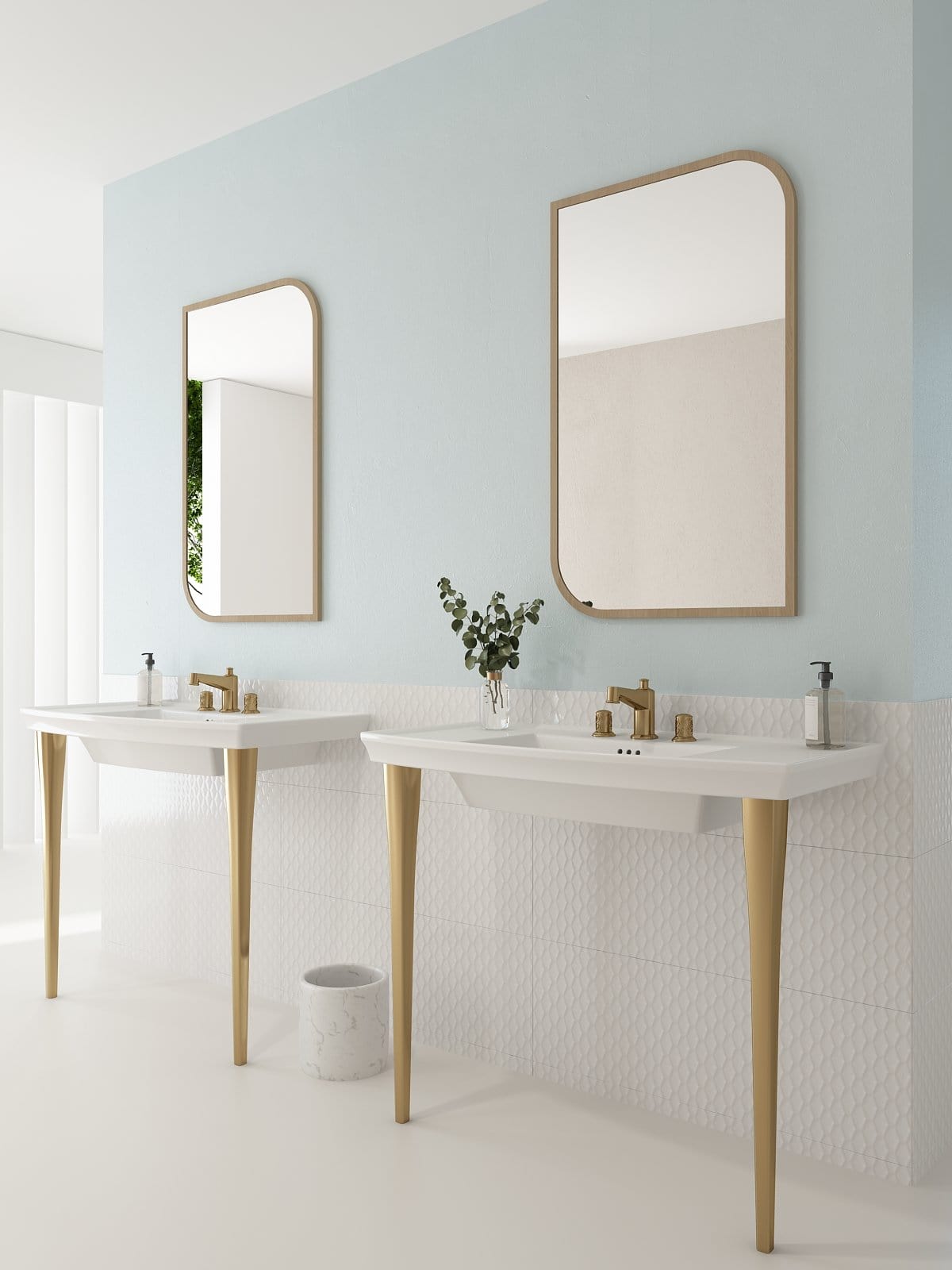 BOCCHI LAVITA 31" Console Leg Set Fireclay in an elegant bathroom setting with mirrors and stylish fixtures.