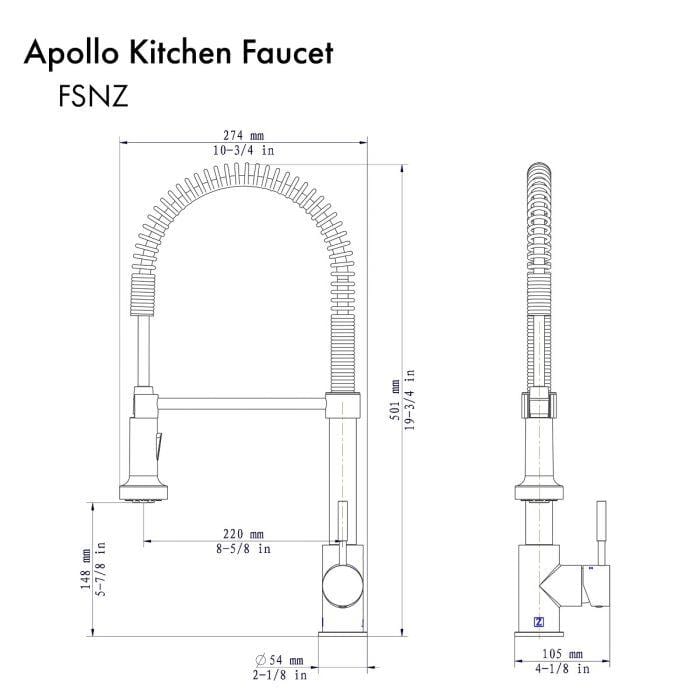ZLINE Apollo Kitchen Faucet technical drawing with measurements and dimensions for professional kitchen setup.