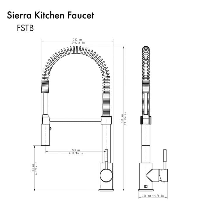 ZLINE Sierra Kitchen Faucet technical drawing with dimensions and design details