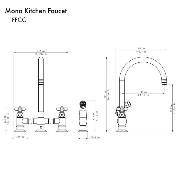 ZLINE Mona Chrome Widespread Kitchen Faucet MNA-KF-CH dimensions and design specifications diagram