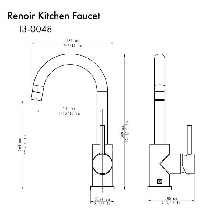 ZLINE Renoir Contemporary Kitchen Faucet REN-KF-CH specifications and dimensions diagram