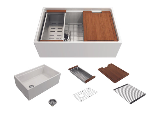 BOCCHI Contempo 30" white fireclay farmhouse sink with workstation ledge and accessories on a white background