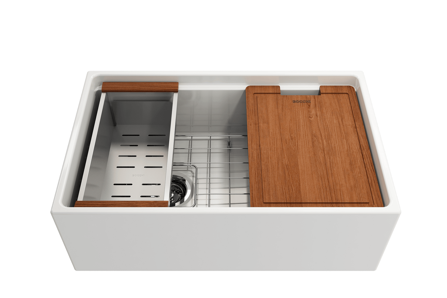 Front view of Bocchi Contempo 30" white fireclay sink with workstation ledge and accessories