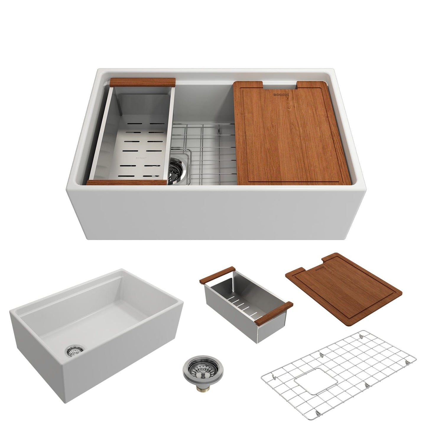 BOCCHI Contempo 30" matte white fireclay farmhouse sink with workstation ledge and accessories on a white background