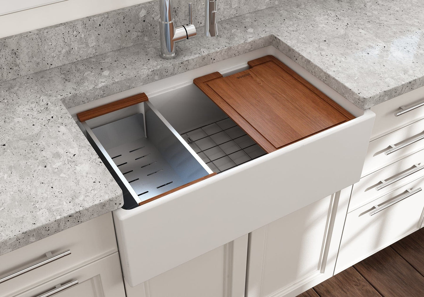 Lifestyle image of a matte white Bocchi Contempo 30" sink in a modern kitchen with colander and cutting board in use.