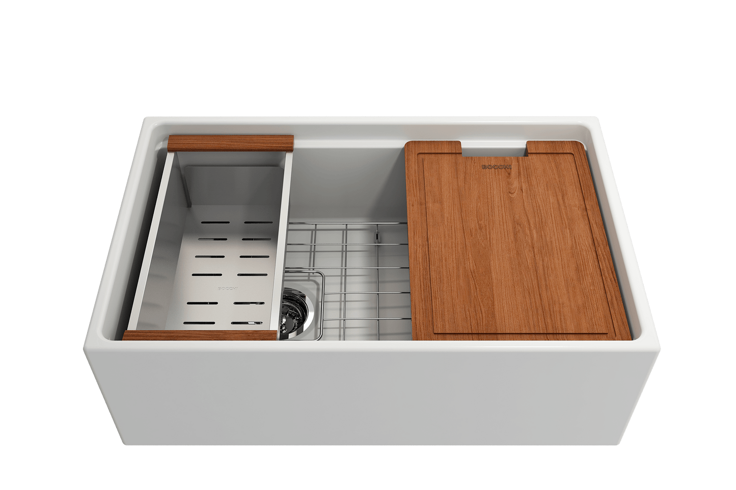 Front view of Bocchi Contempo 30" matte white fireclay sink with workstation ledge and accessories
