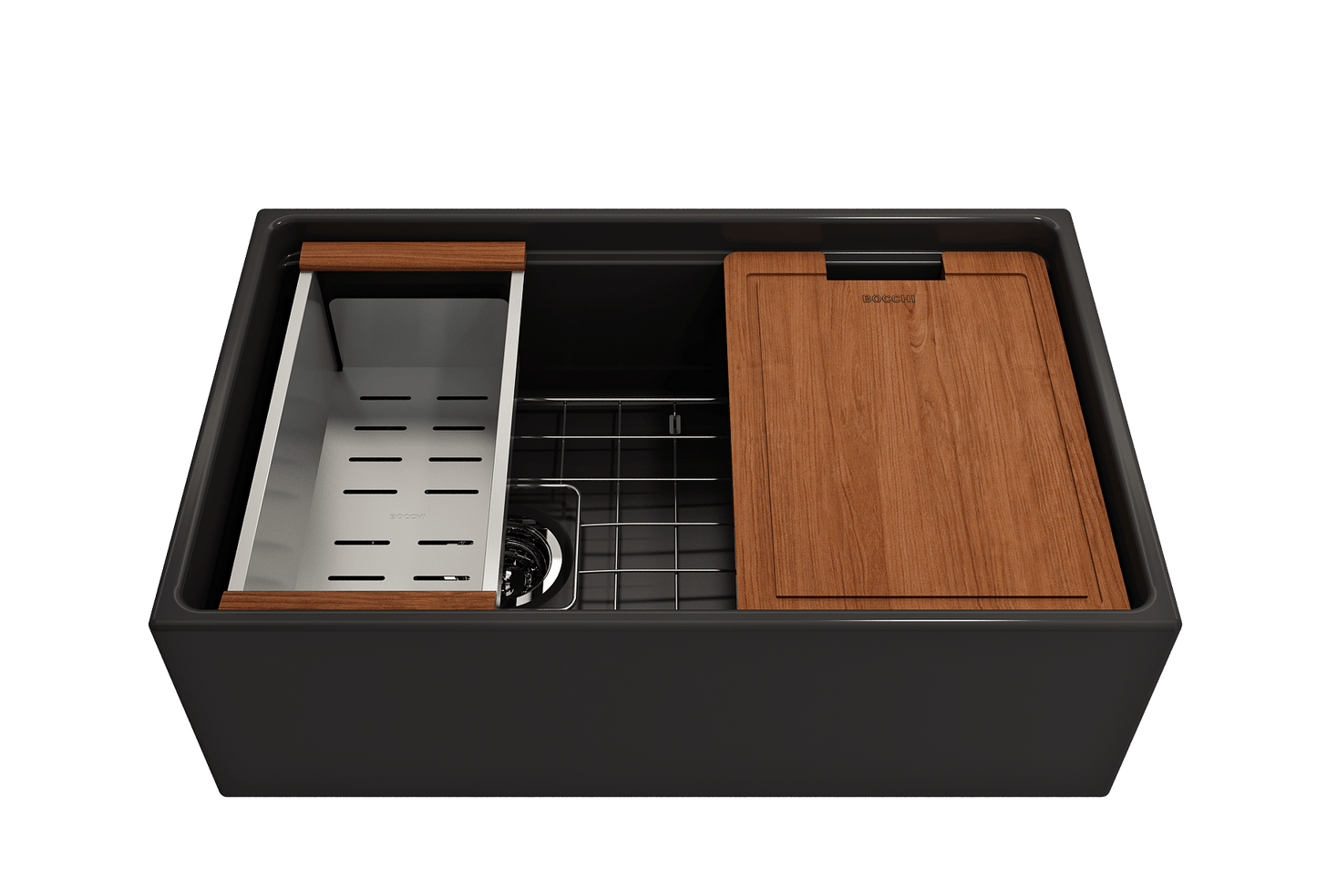 Front view of Bocchi Contempo 30" matte black fireclay sink with workstation ledge and accessories