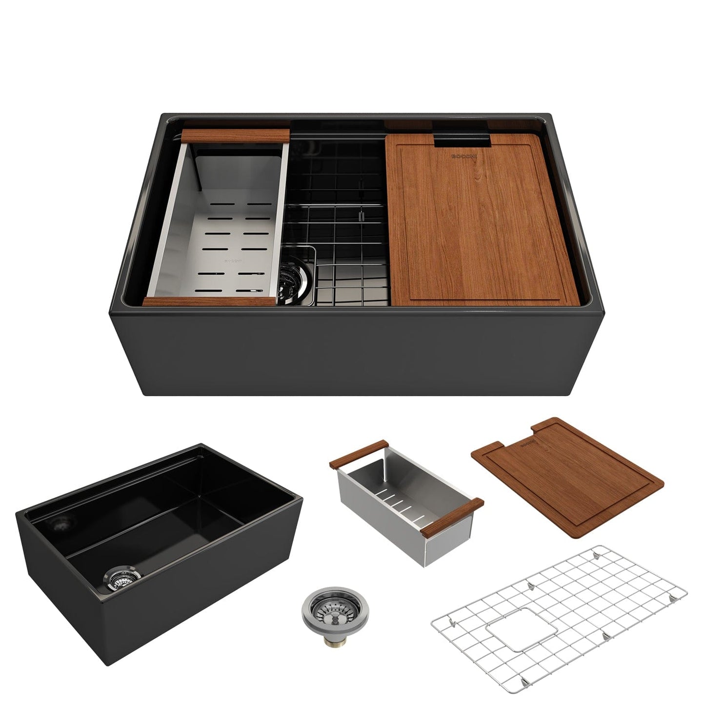 BOCCHI Contempo 30" black fireclay farmhouse sink with workstation ledge and accessories on a white background.
