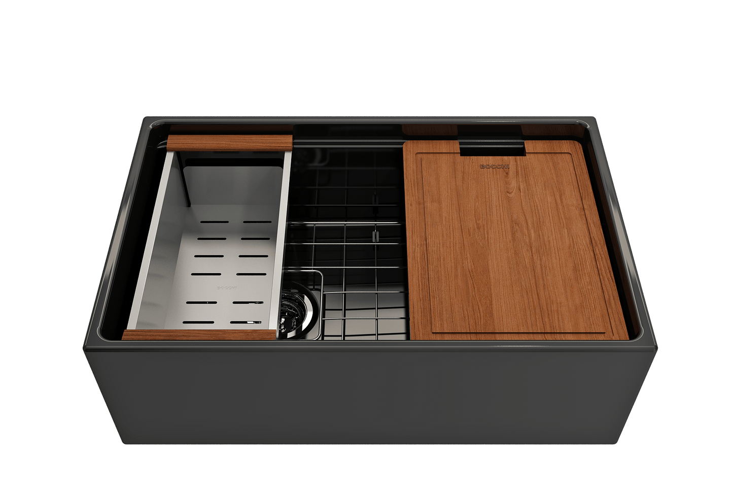 Front view of Bocchi Contempo 30" black fireclay sink with workstation ledge and accessories
