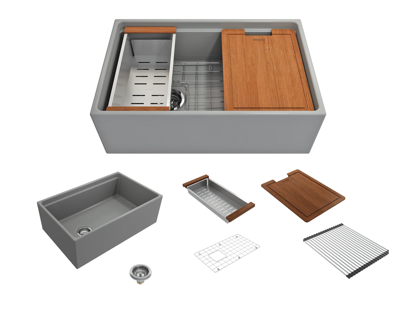 BOCCHI Contempo 30" matte gray fireclay farmhouse sink with workstation ledge and accessories on a white background.