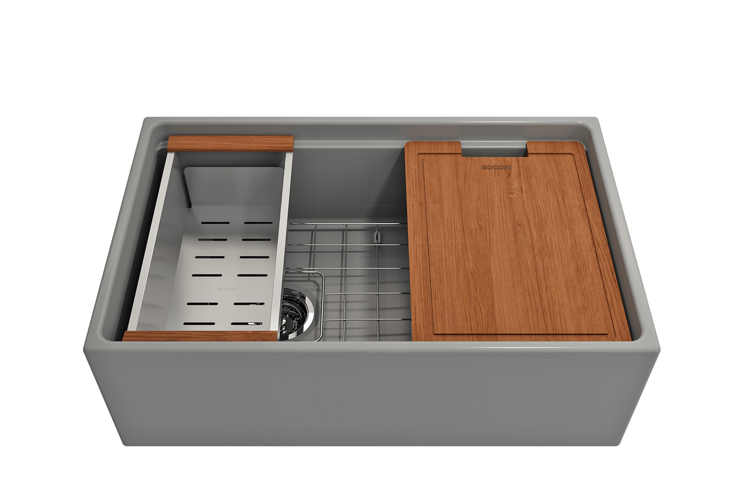 Front view of Bocchi Contempo 30" matte gray fireclay sink with workstation ledge and accessories