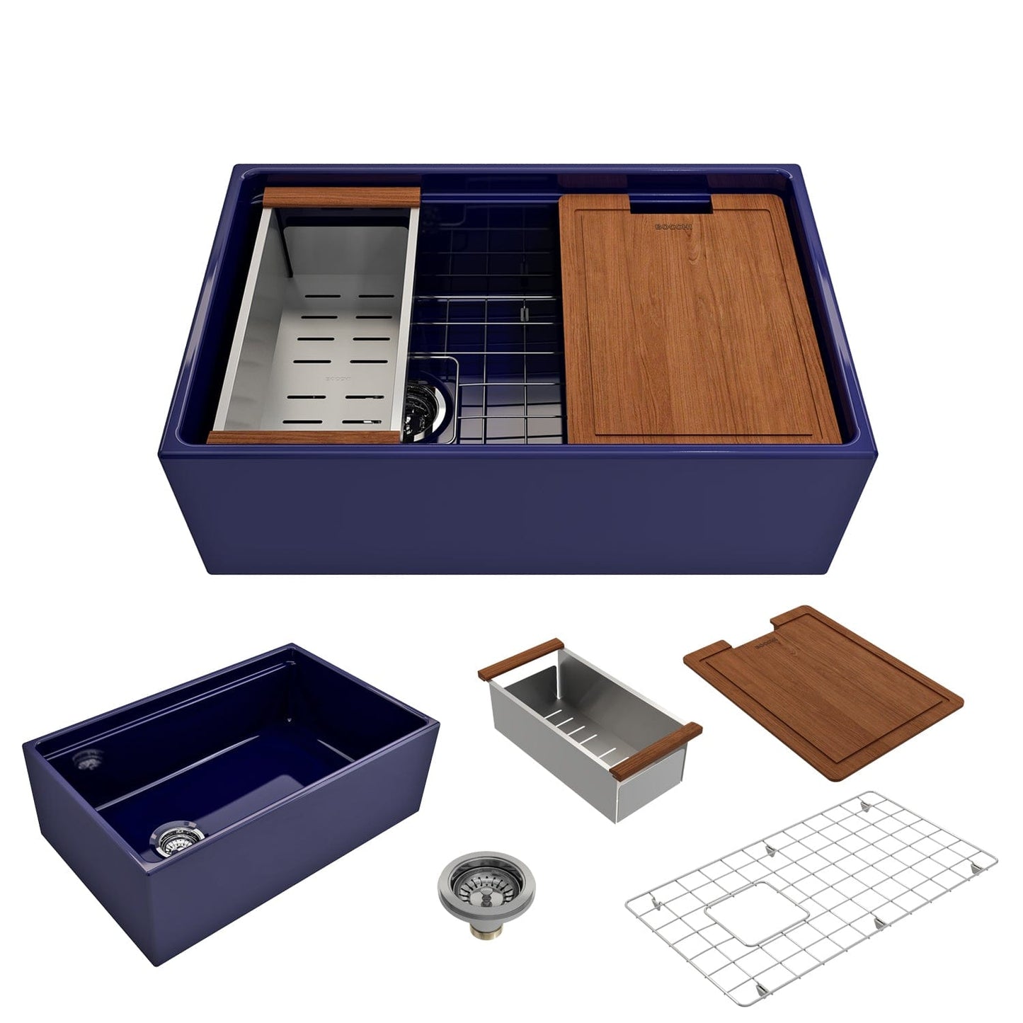 BOCCHI Contempo 30" sapphire blue fireclay farmhouse sink with workstation ledge and accessories on a white background.