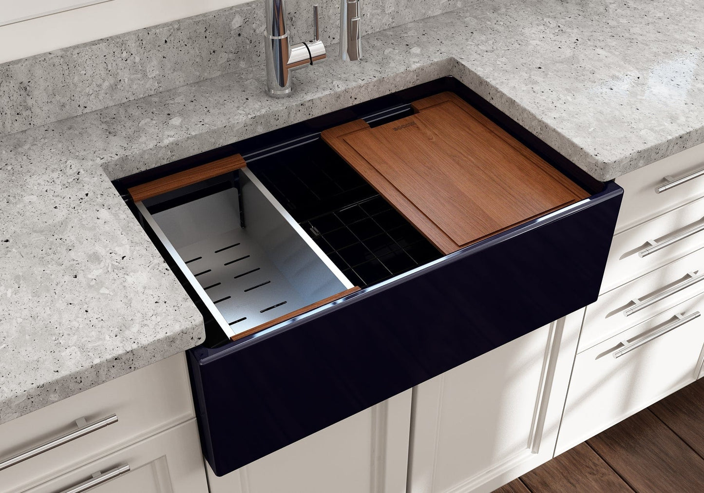 Lifestyle image of a Sapphire Blue Bocchi Contempo 30" sink in a modern kitchen with colander and cutting board in use.