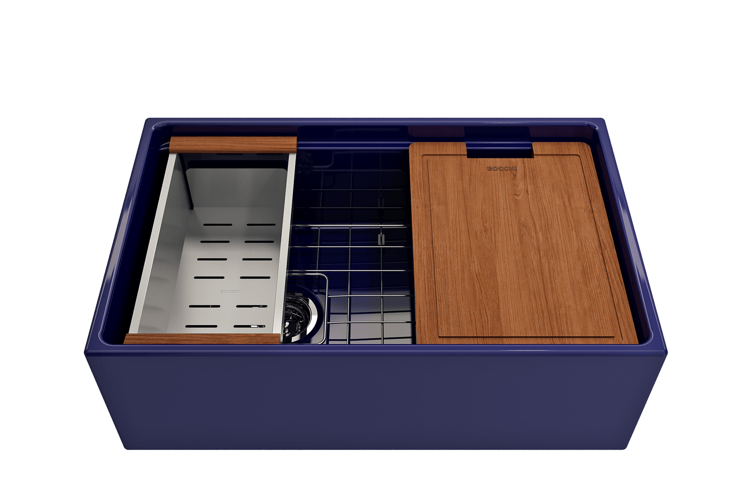 Front view of Bocchi Contempo 30" sapphire blue fireclay sink with workstation ledge and accessories