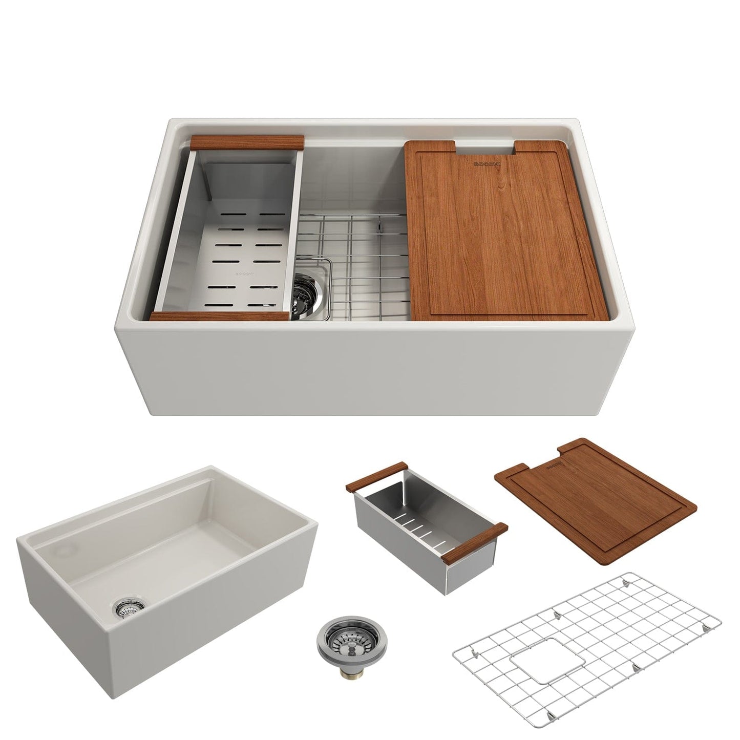 BOCCHI Contempo 30" biscuit fireclay farmhouse sink with workstation ledge and accessories on a white background.