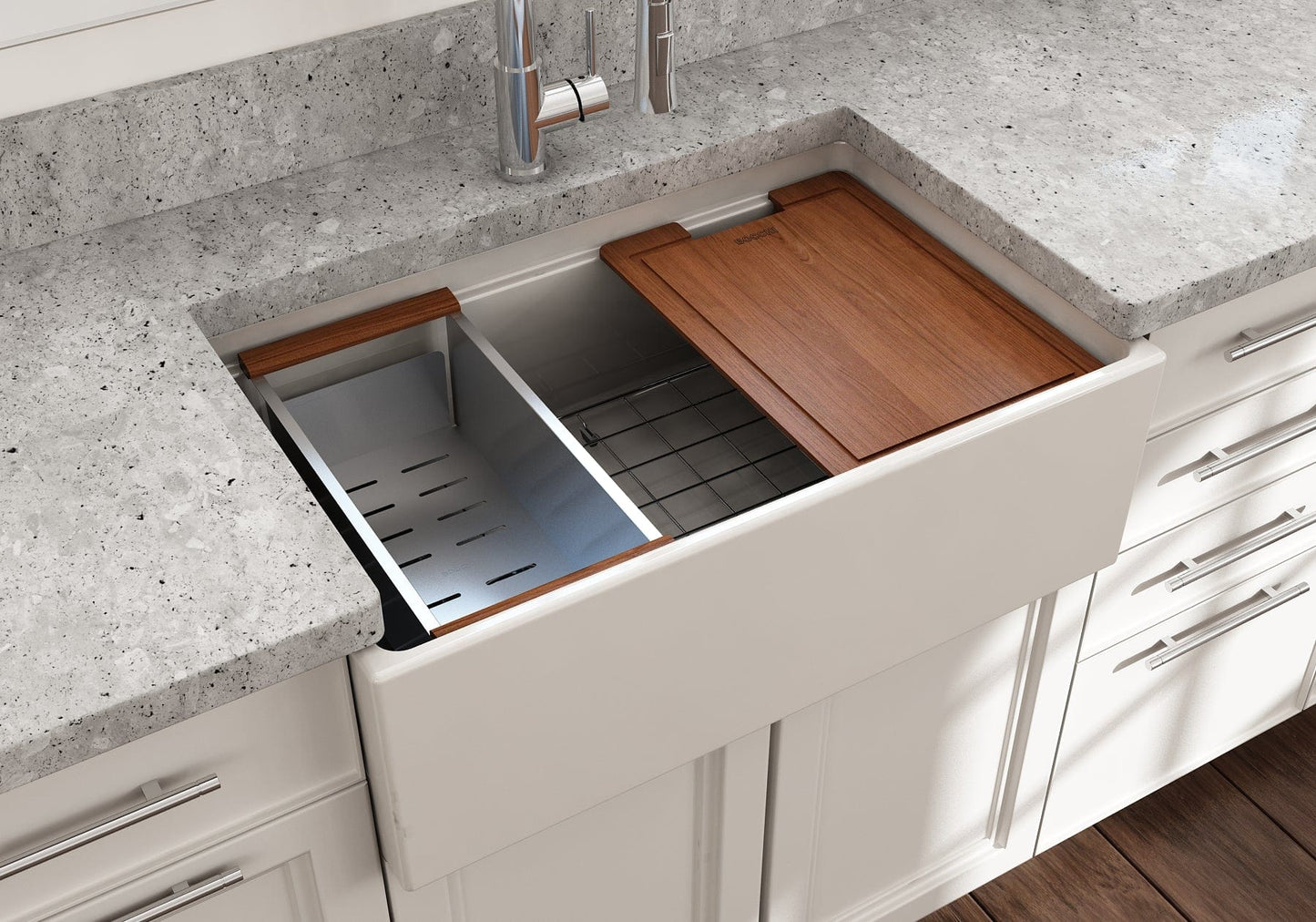 Lifestyle image of a biscuit Bocchi Contempo 30" sink in a modern kitchen with colander and cutting board in use.