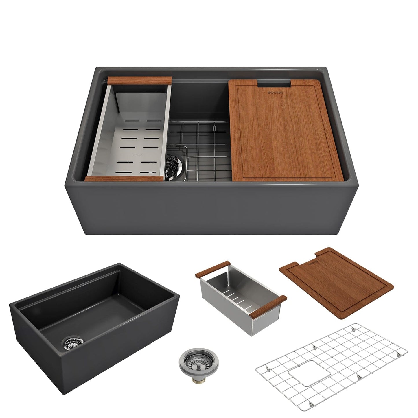 BOCCHI Contempo 30" matte dark gray fireclay farmhouse sink with workstation ledge and accessories on a white background.