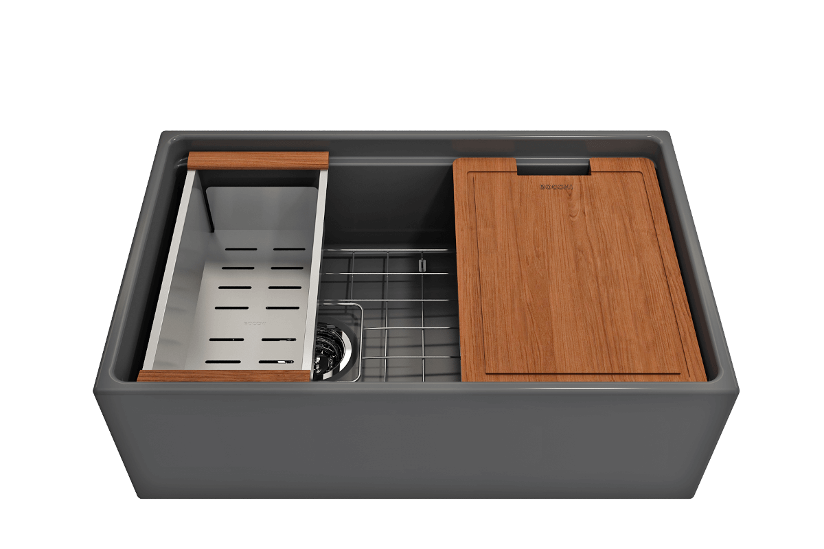 Front view of Bocchi Contempo 30" matte dark gray fireclay sink with workstation ledge and accessories