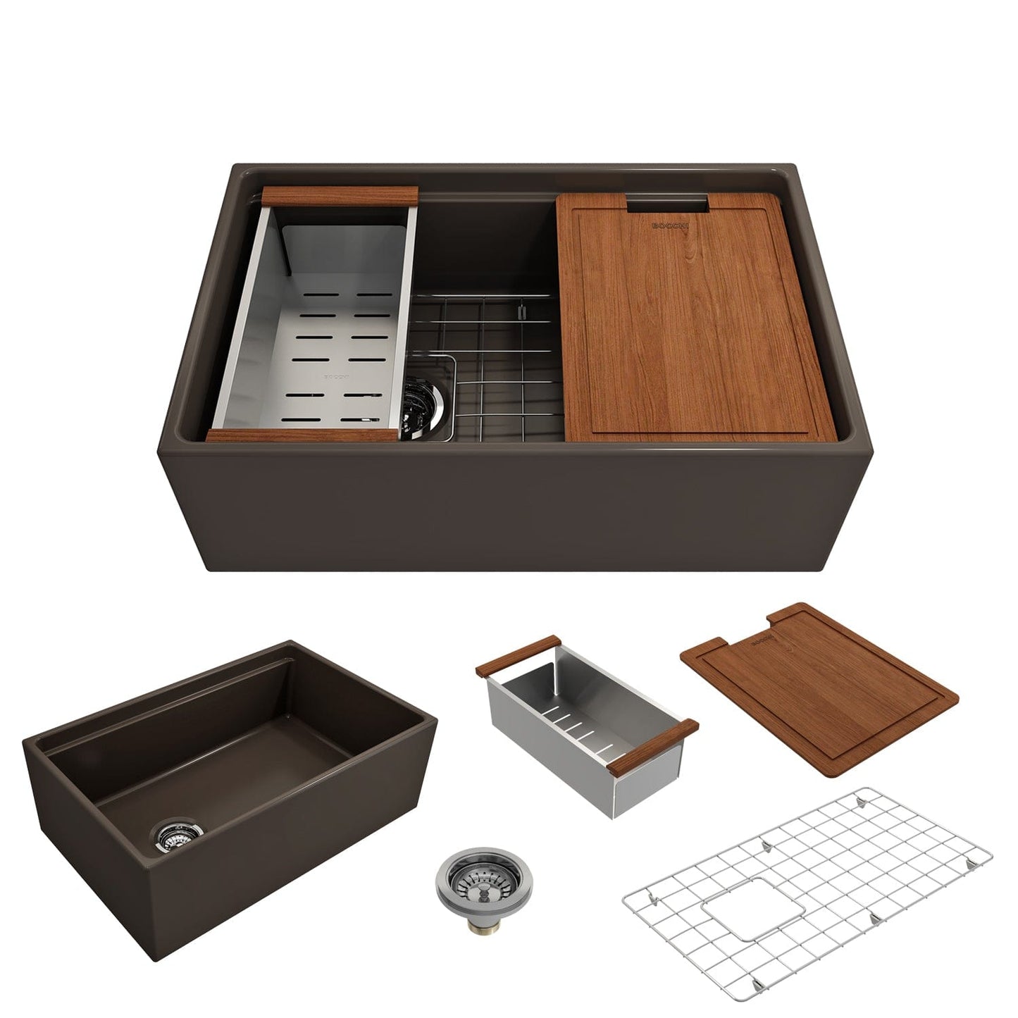 BOCCHI Contempo 30" matte brown fireclay farmhouse sink with workstation ledge and accessories on a white background.