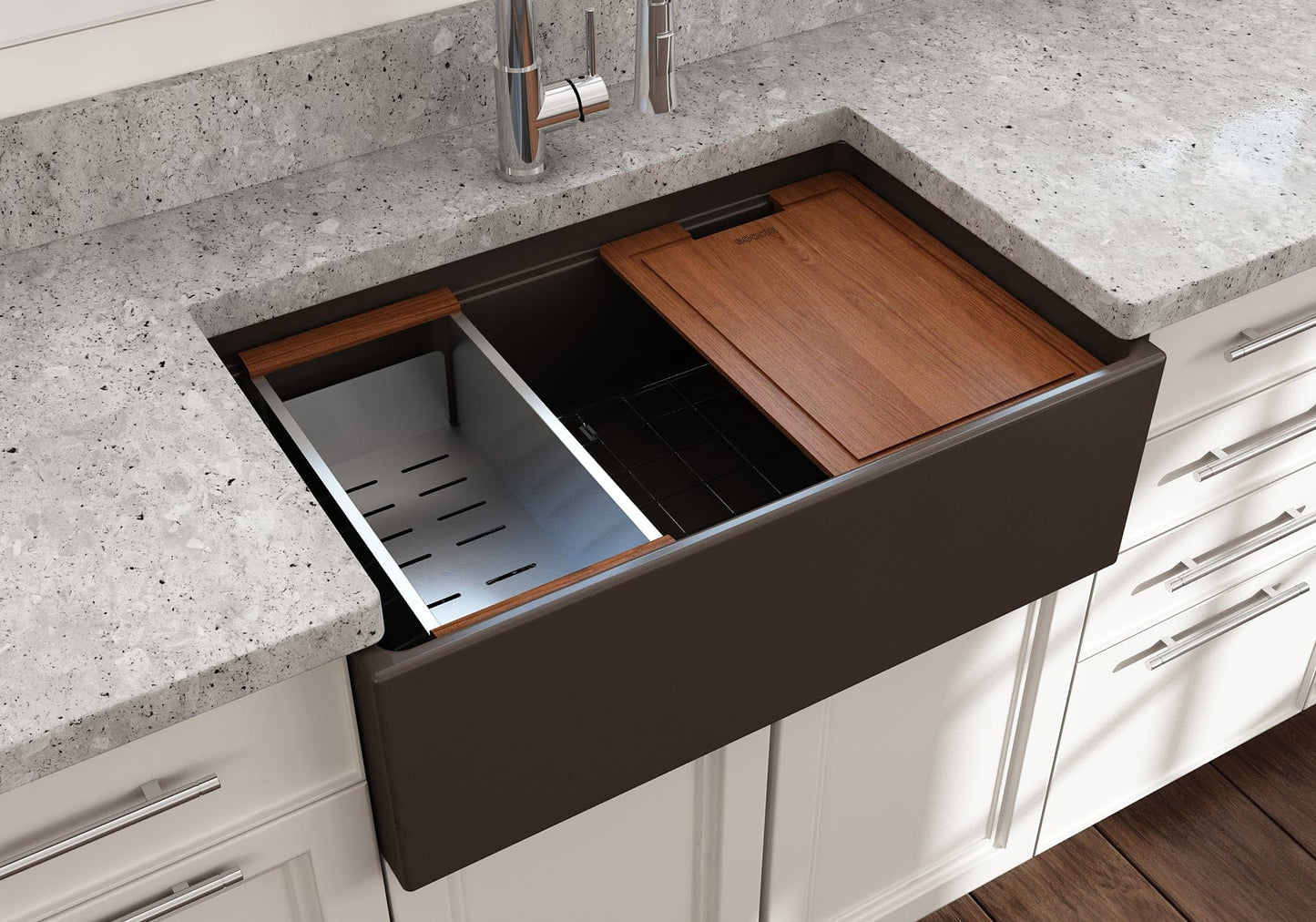 Lifestyle image of a matte brown Bocchi Contempo 30" sink in a modern kitchen with colander and cutting board in use.