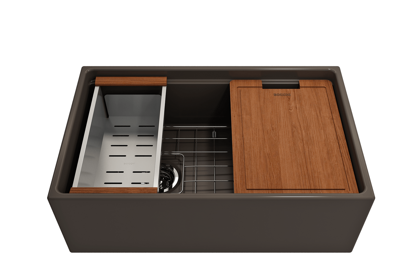 Front view of Bocchi Contempo 30" matte brown fireclay sink with workstation ledge and accessories