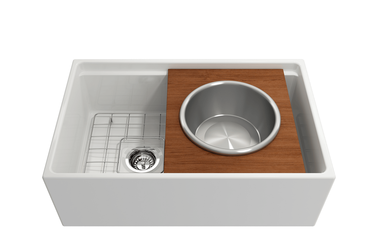 BOCCHI Prep Board Set for Workstation Sinks - Round SS Mixing Bowl & Colander - 2320 0015 with elegant wood and stainless steel features.