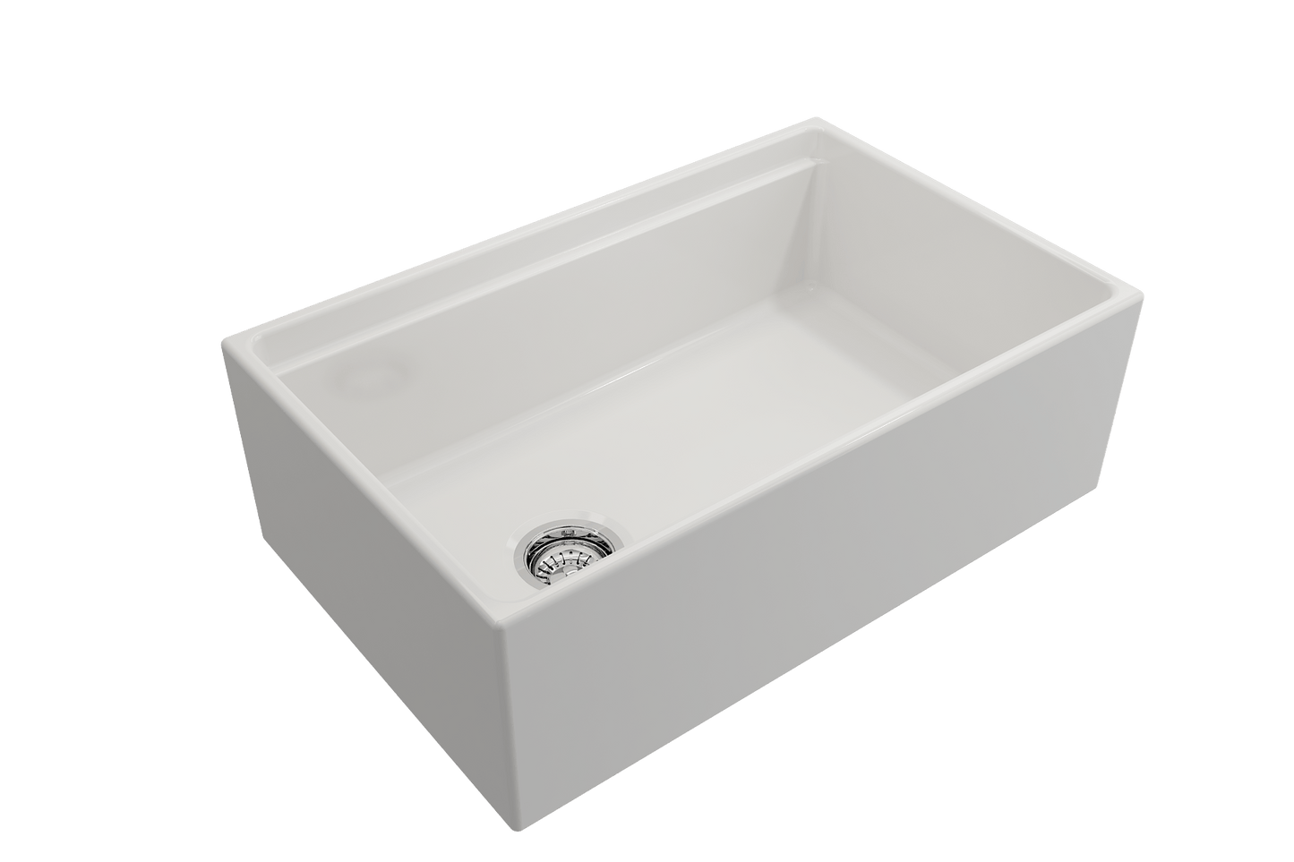 Side angle of white BOCCHI CONTEMPO 30" Fireclay Farmhouse sink highlighting offset drain and chrome strainer