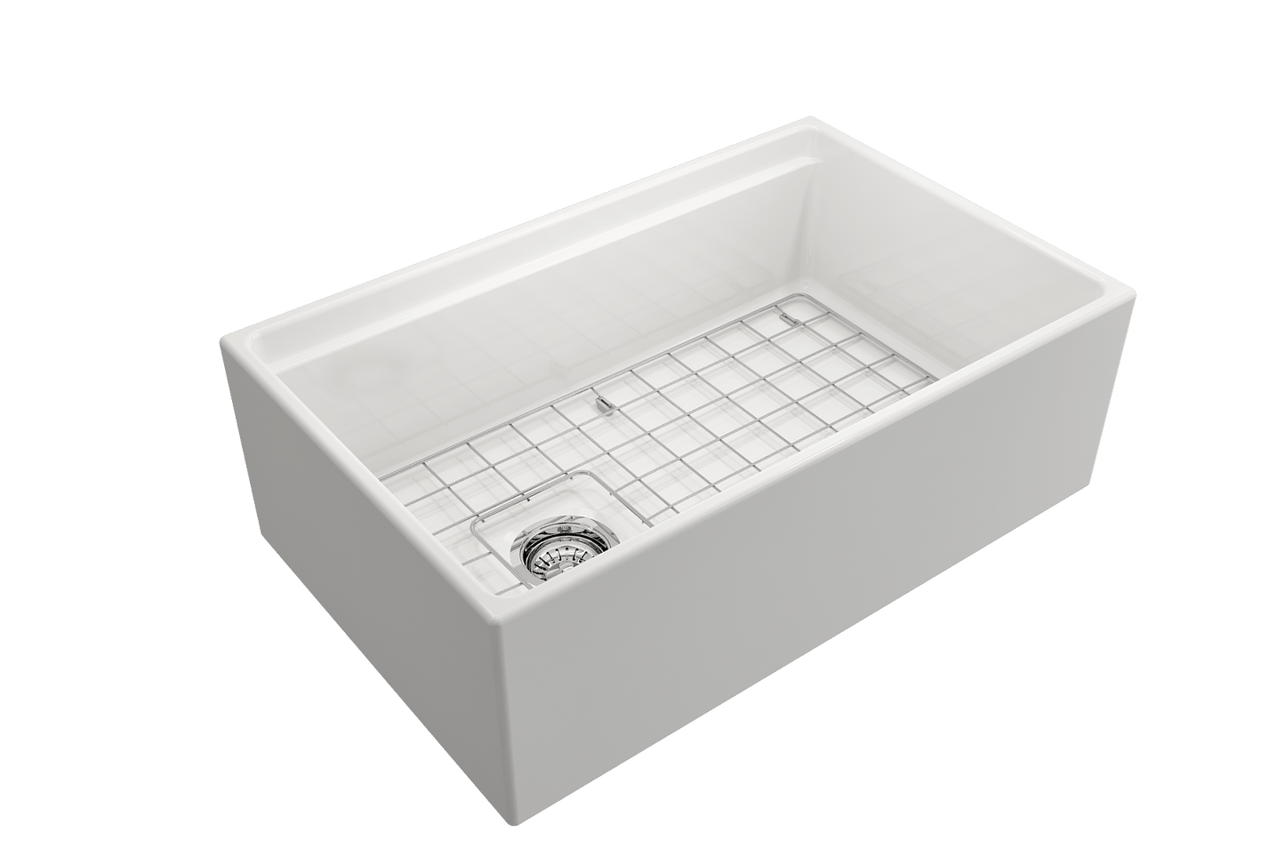 Side angle of white BOCCHI CONTEMPO 30" Fireclay Farmhouse sink highlighting offset drain, chrome strainer and stainless steel bottom grid