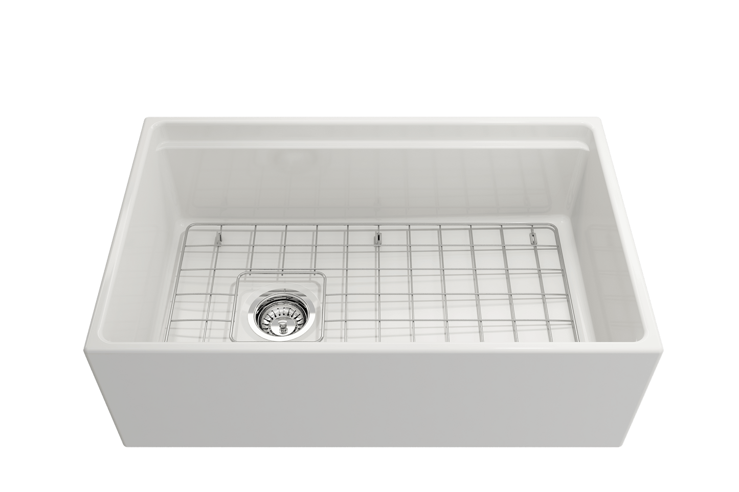 Front view of white BOCCHI CONTEMPO 30" Fireclay farmhouse sink showing chrome strainer and stainless steel bottom grid