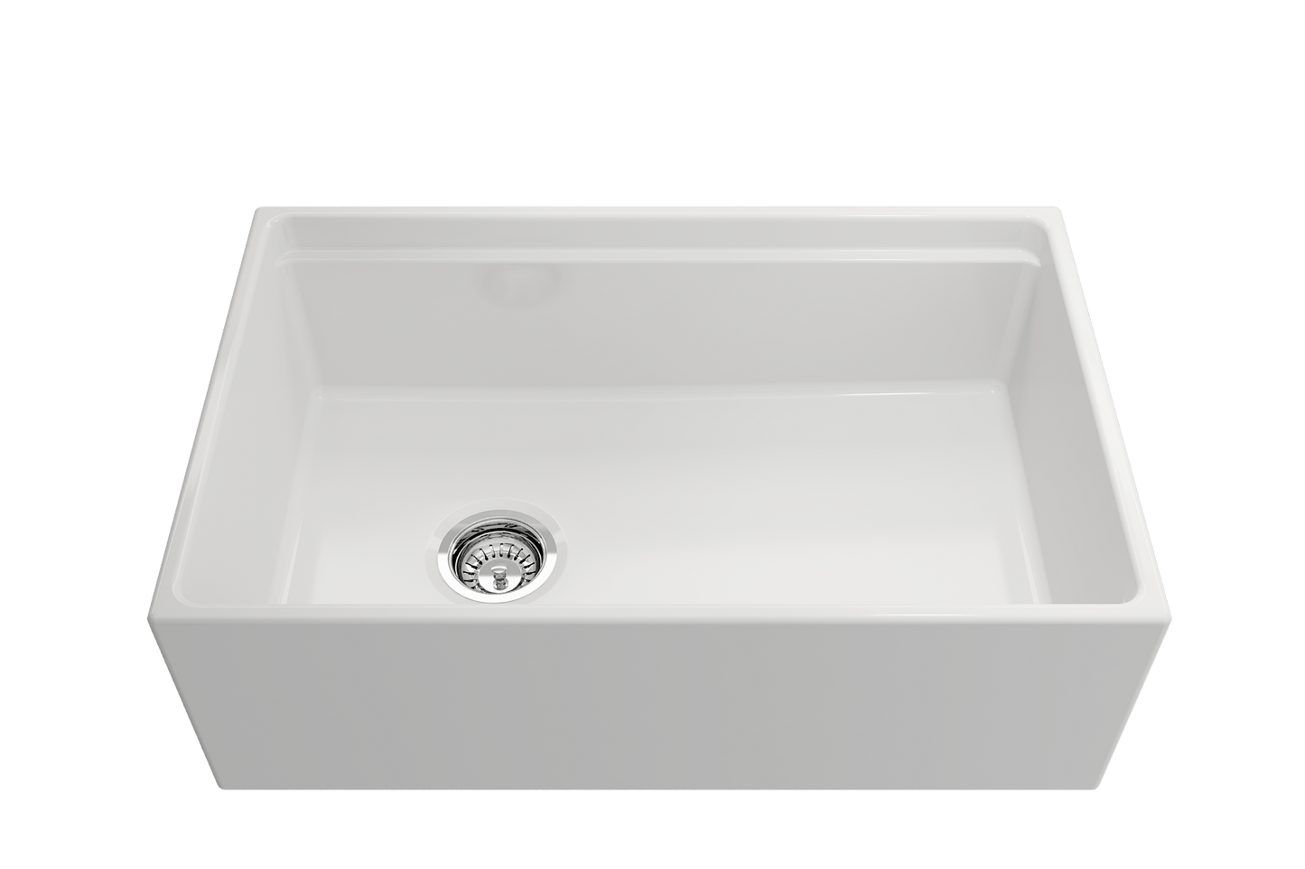 Front view of white BOCCHI CONTEMPO 30" Fireclay farmhouse sink showing chrome strainer.