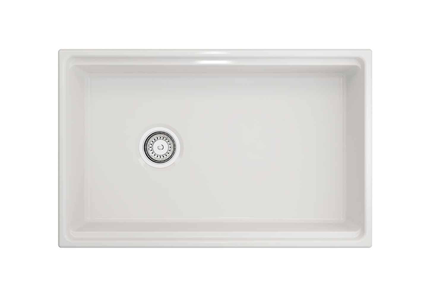 Top-down perspective of white Bocchi Contempo 30 inch fireclay sink with workstation ledge, showing reversible offset drain.