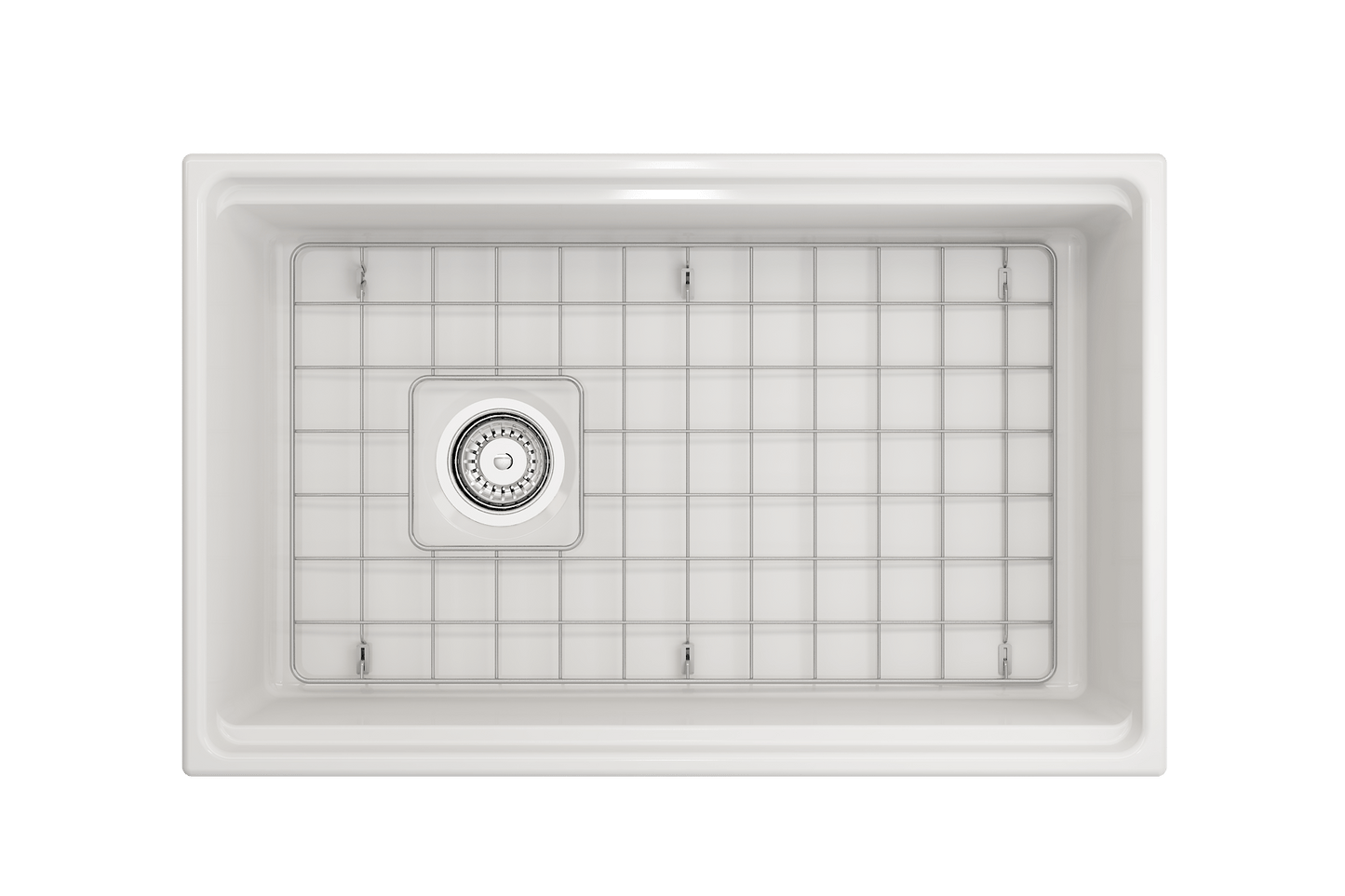 Top-down perspective of BOCCHI Contempo 30 inch fireclay sink with workstation ledge and stainless steel bottom grid.