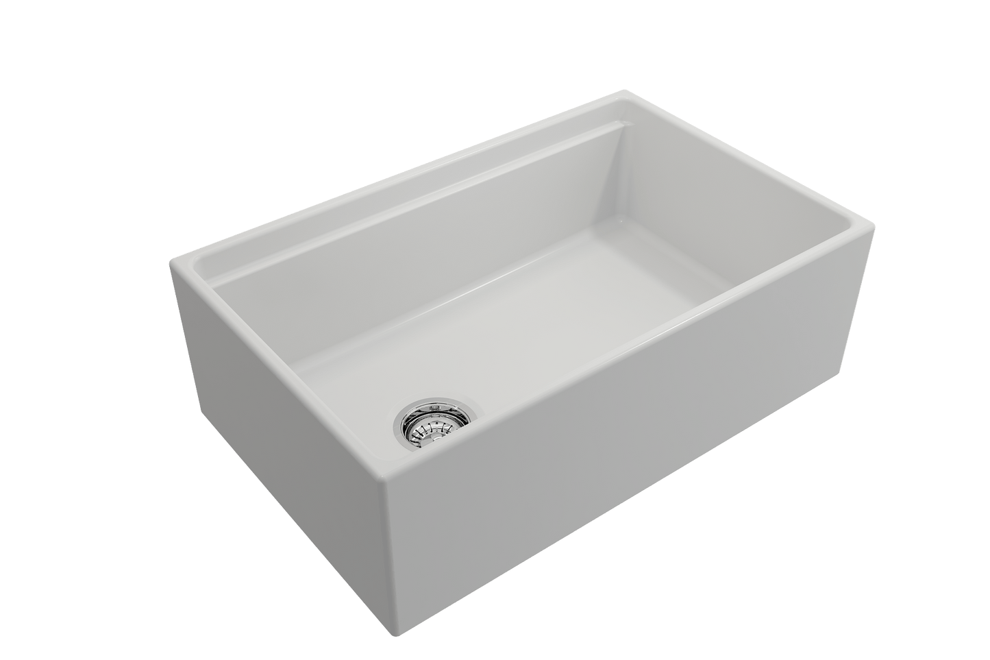 Side angle of matte white BOCCHI Contempo 30" fireclay farmhouse sink highlighting offset drain and chrome strainer.
