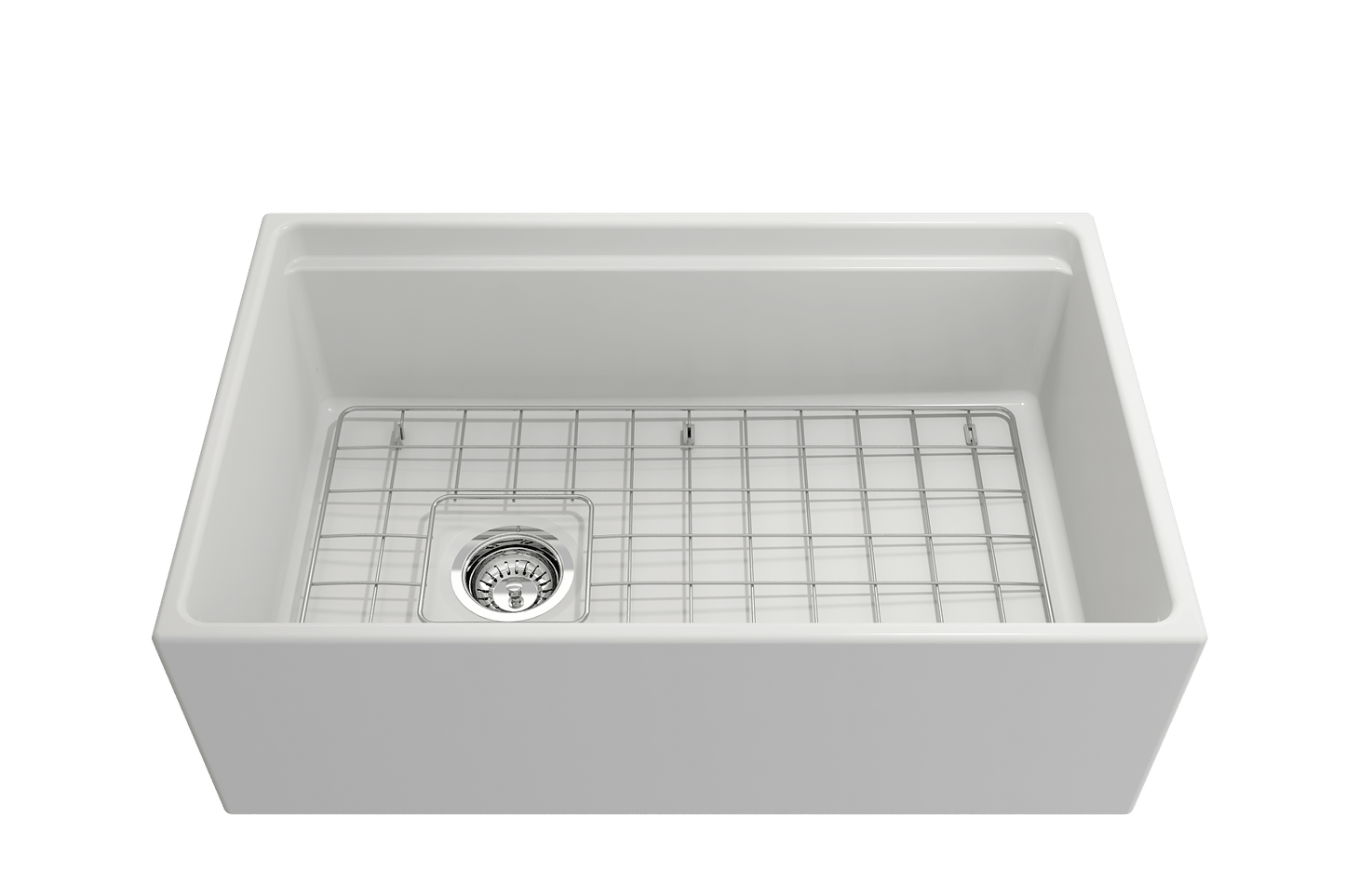Front view of matte white BOCCHI Contempo 30" fireclay farmhouse sink showing chrome strainer and stainless steel bottom grid.