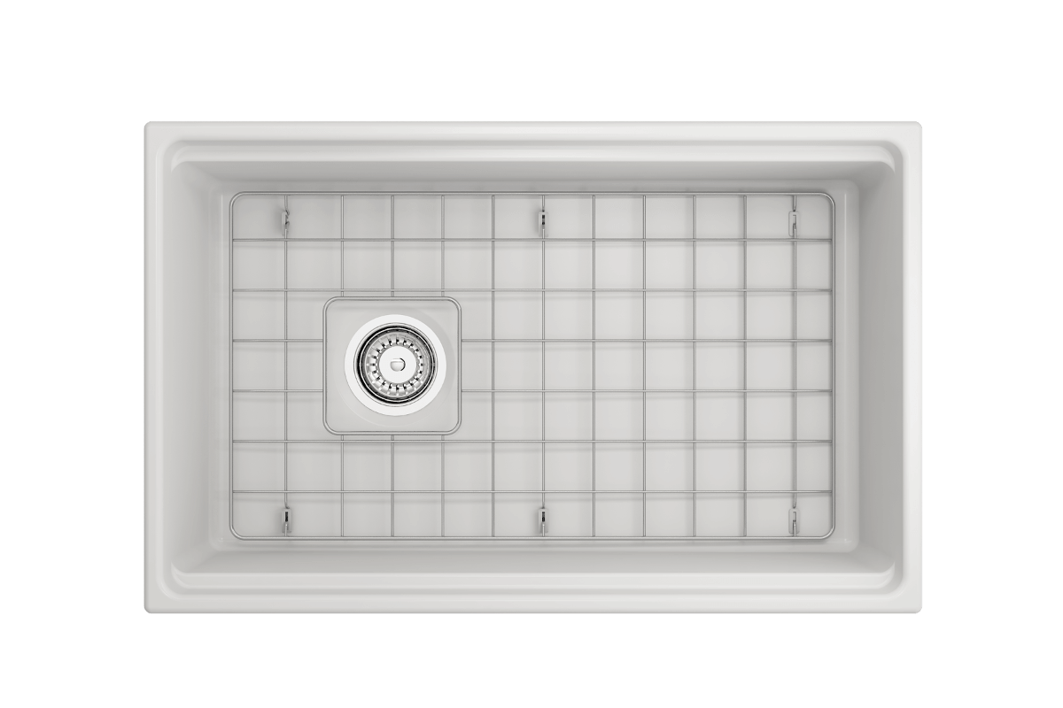 Top-down perspective of matte white BOCCHI Contempo 30" fireclay sink with workstation ledge and stainless steel bottom grid.