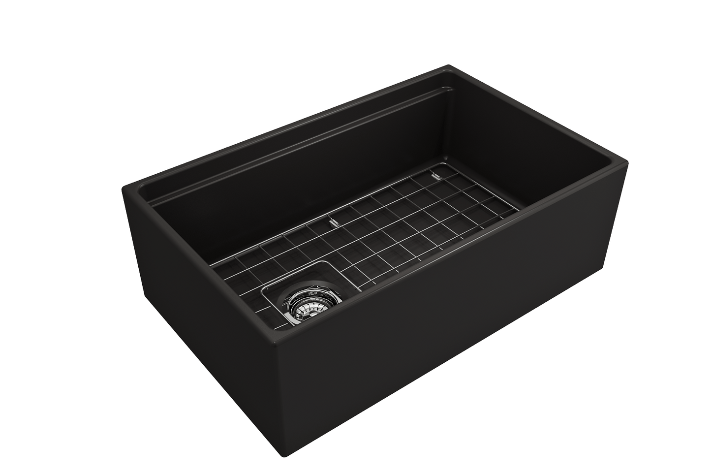 Side angle of matte black BOCCHI Contempo 30" fireclay farmhouse sink highlighting offset drain, chrome strainer and stainless steel bottom grid.