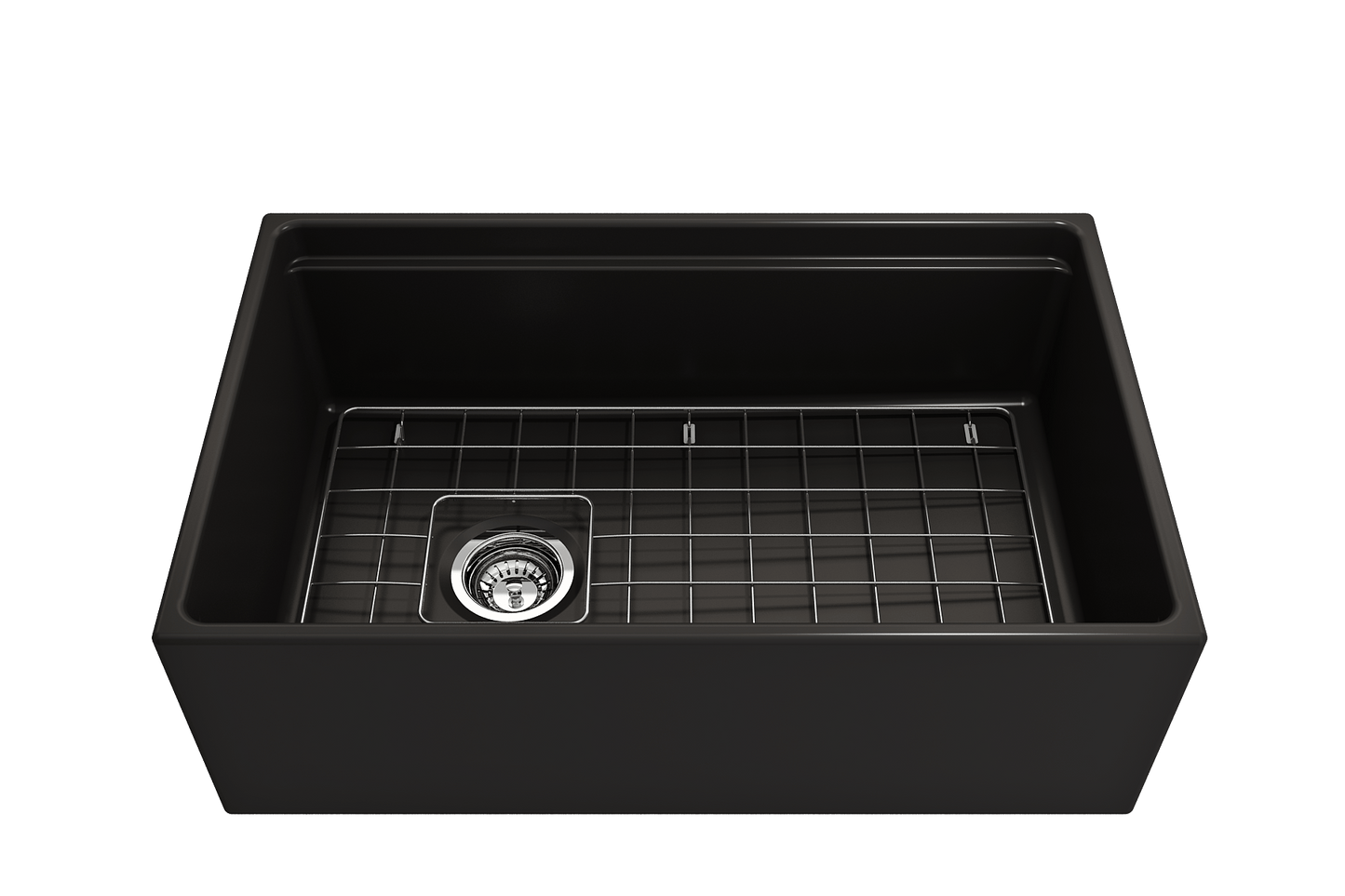 Front view of matte black BOCCHI Contempo 30" fireclay farmhouse sink showing chrome strainer and stainless steel bottom grid.