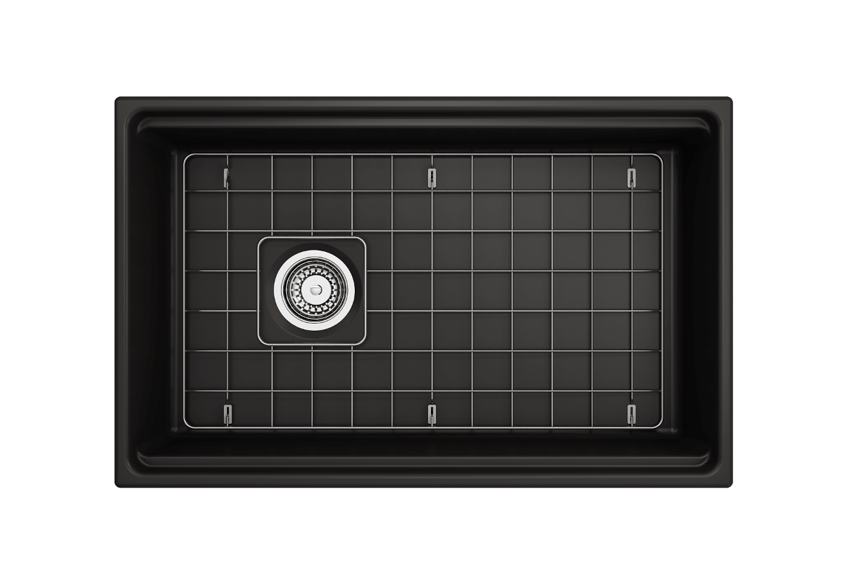 Top-down perspective of matte black BOCCHI Contempo 30" fireclay sink with workstation ledge and stainless steel bottom grid.