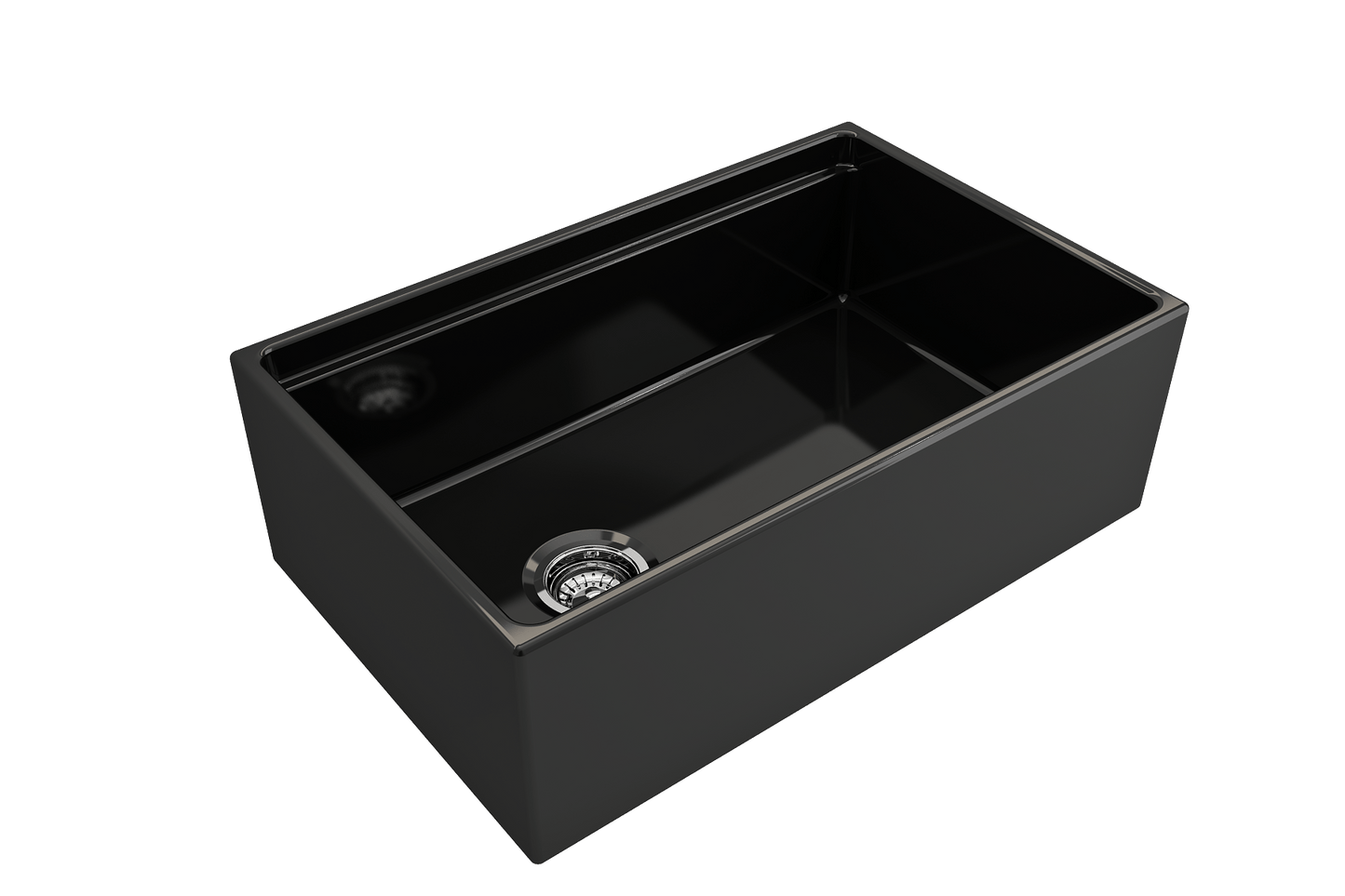 Side angle of a black BOCCHI Contempo 30" fireclay farmhouse sink highlighting offset drain and chrome strainer.