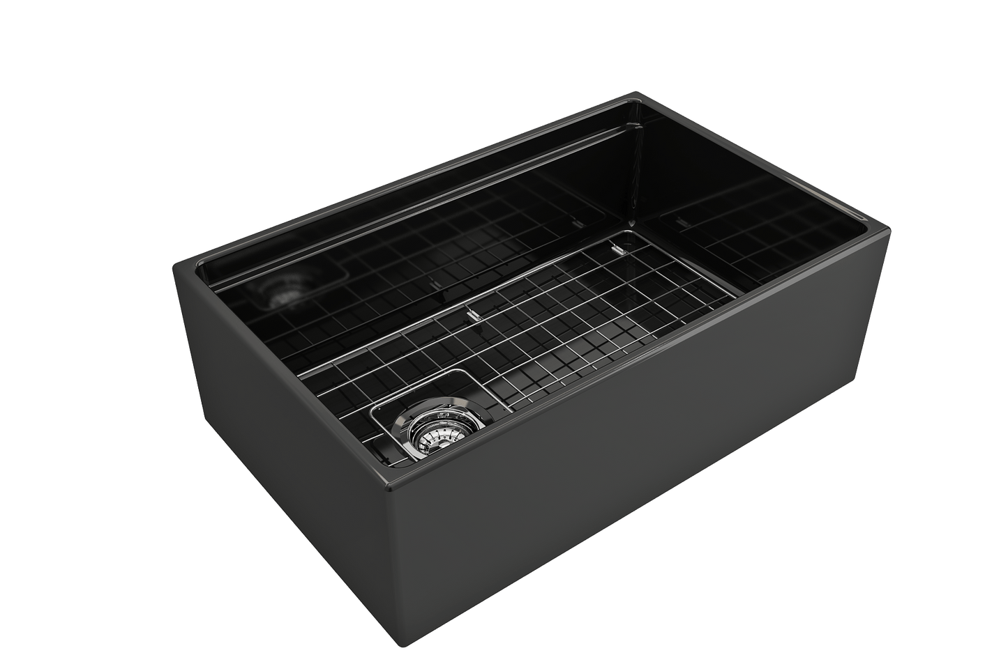 Side angle of a black BOCCHI Contempo 30" fireclay farmhouse sink highlighting offset drain, chrome strainer and stainless steel bottom grid.