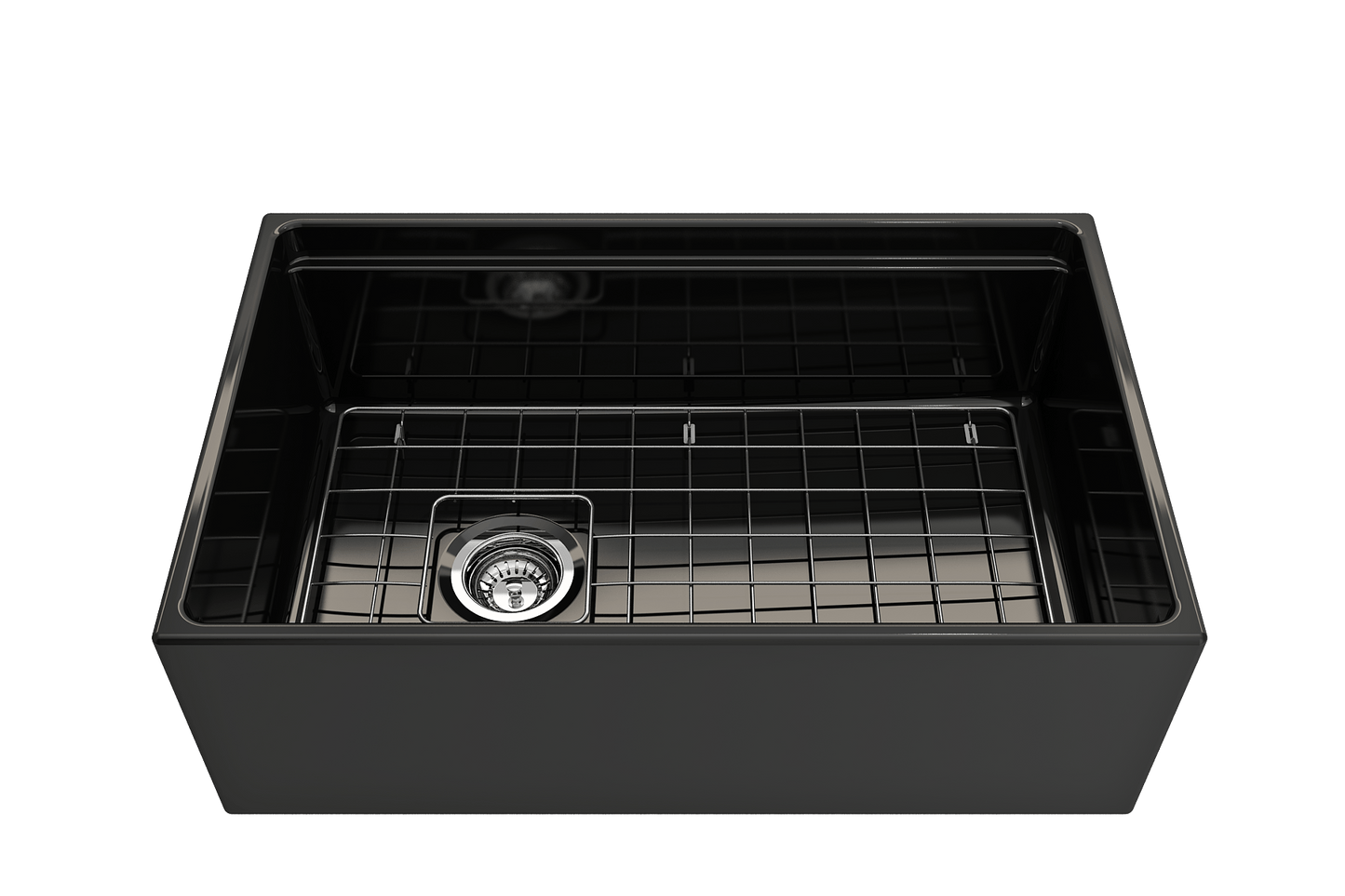 Front view of a black BOCCHI Contempo 30" fireclay farmhouse sink showing chrome strainer and stainless steel bottom grid.